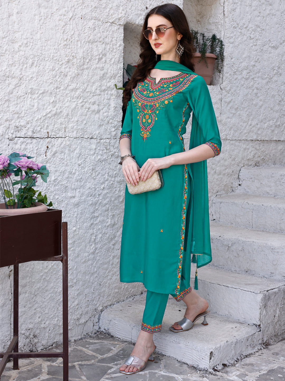 Embroidered Kurta With Pant & Dupatta, Green - Hiral Fashion