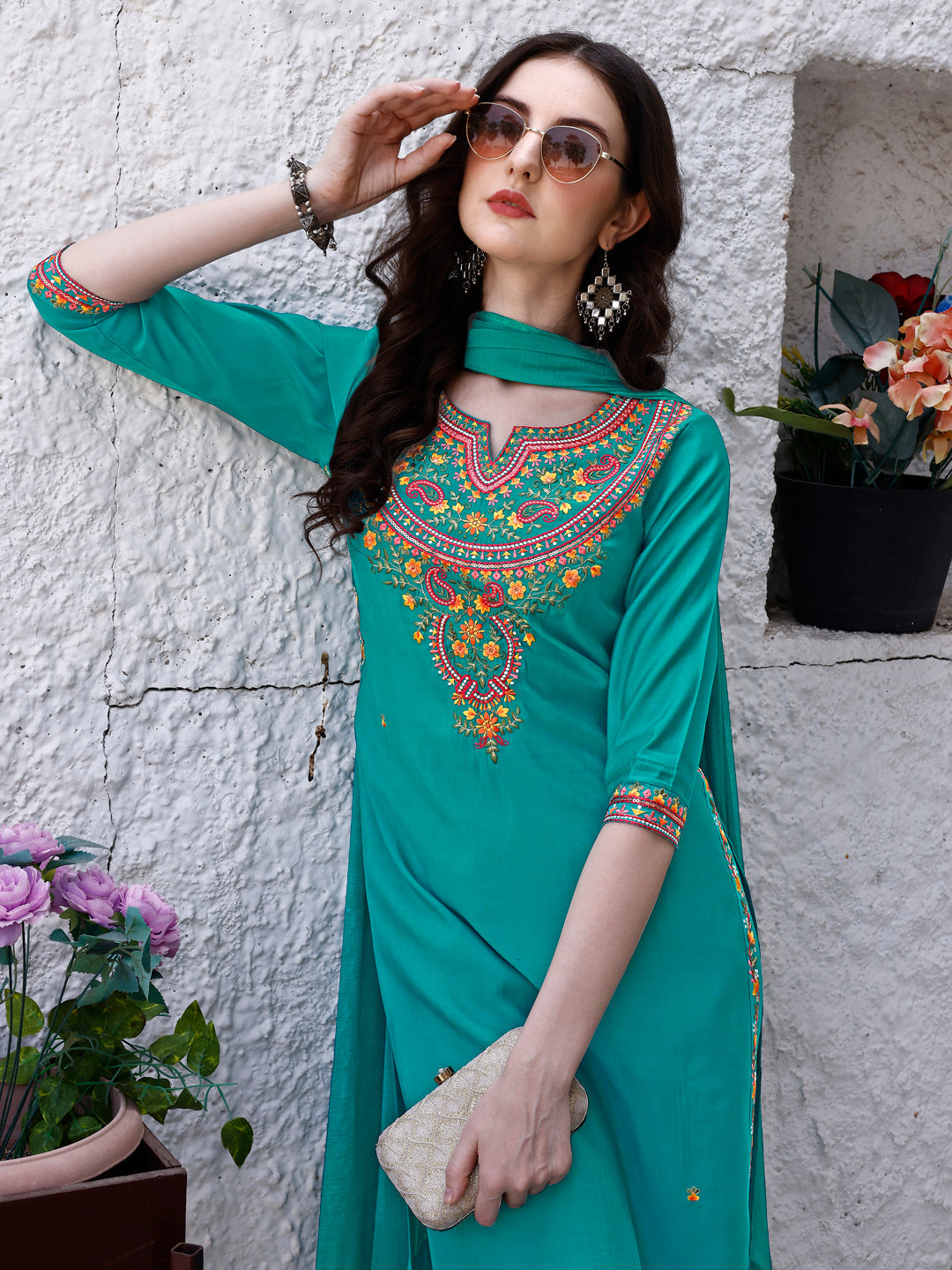 Embroidered Kurta With Pant & Dupatta, Green - Hiral Fashion