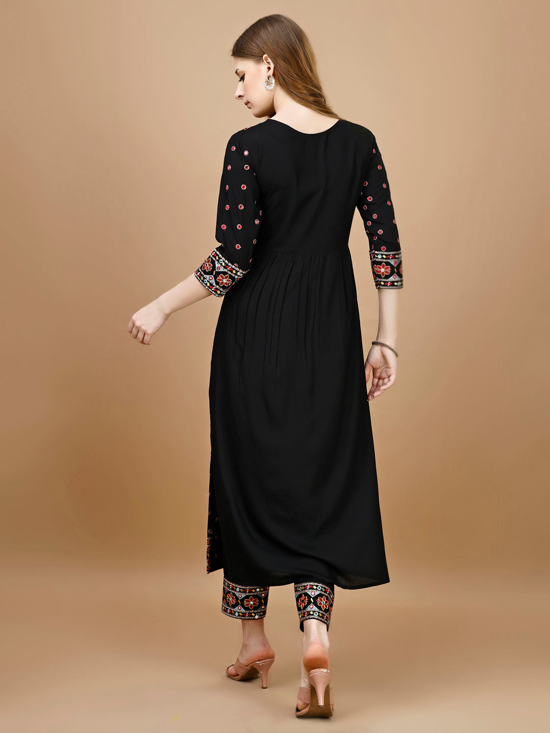 Alia Cut Mirror Embroidered Kurta With Embroidered Pant & Dupatta, Black - Hiral Fashion