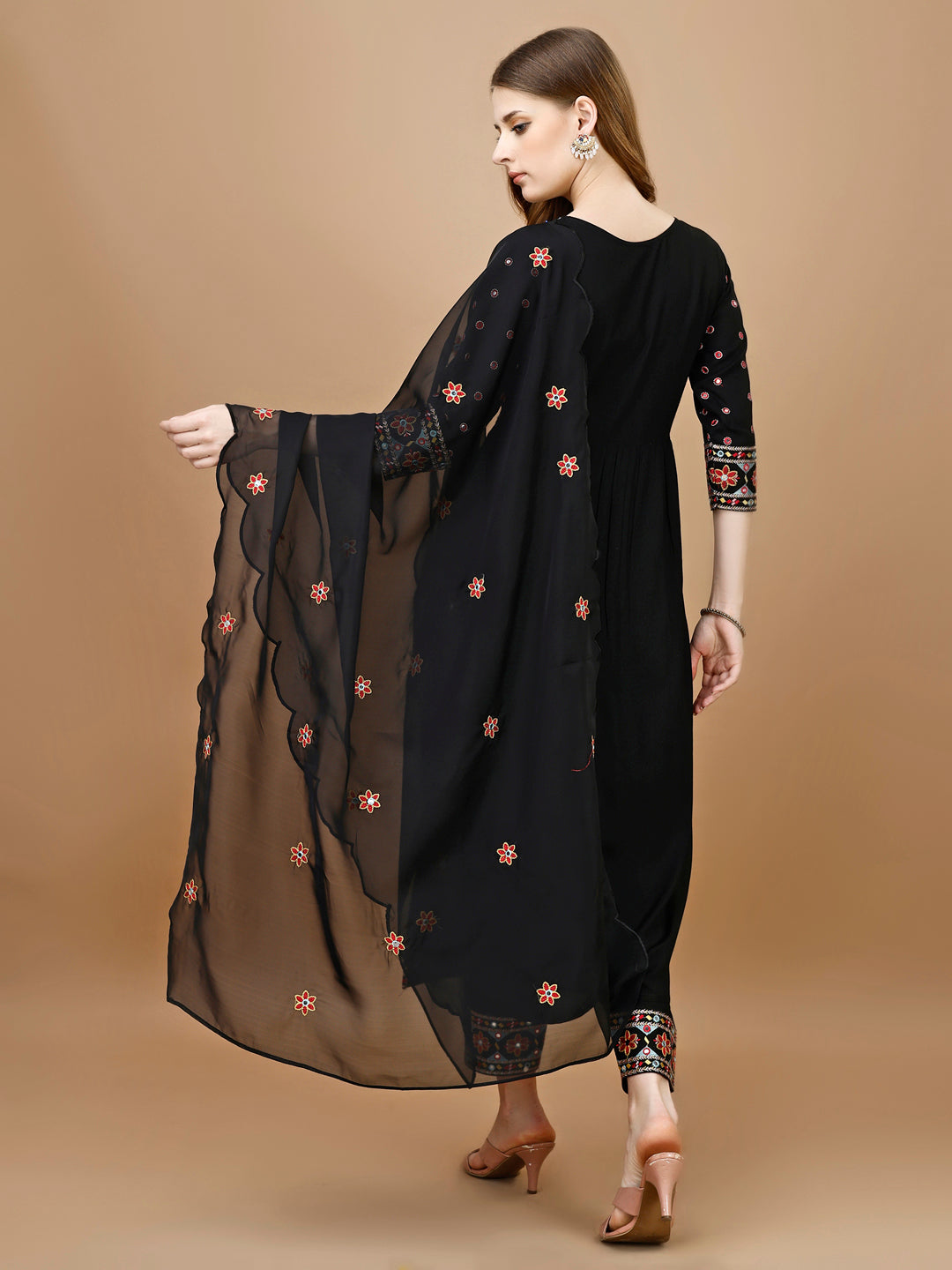 Alia Cut Mirror Embroidered Kurta With Embroidered Pant & Dupatta, Black - Hiral Fashion