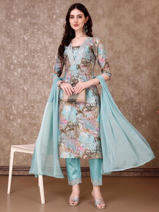 Embroidered & Floral Printed Kurta With Pant & Dupatta Premium Luxury, Multicolor - Hiral Fashion