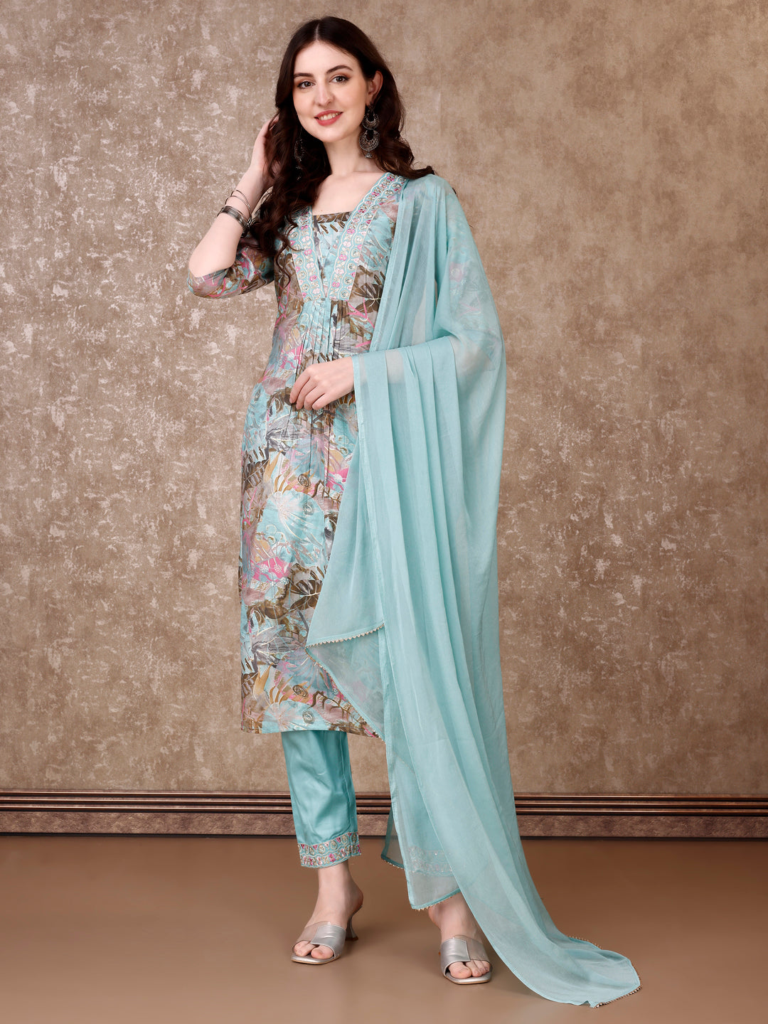 Embroidered & Floral Printed Kurta With Pant & Dupatta Premium Luxury, Multicolor - Hiral Fashion