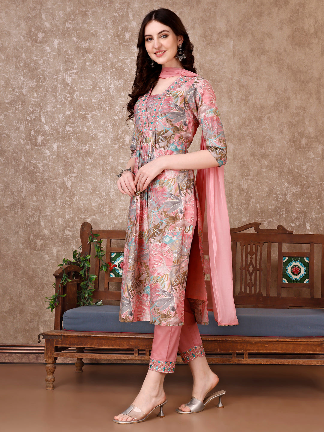 Embroidered & Floral Printed Kurta With Pant & Dupatta Premium Luxury, Multicolor - Hiral Fashion