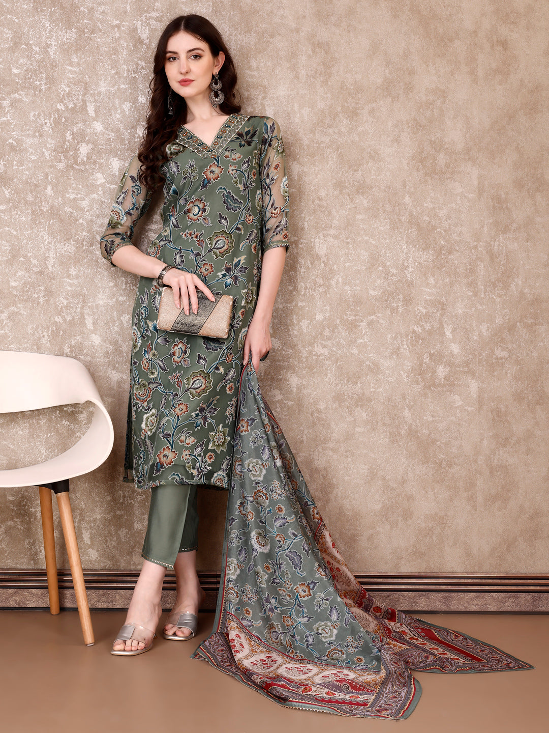Hand Embroidered & Brasso Kurta With Pant & Organza Printed Dupatta, Green - Hiral Fashion
