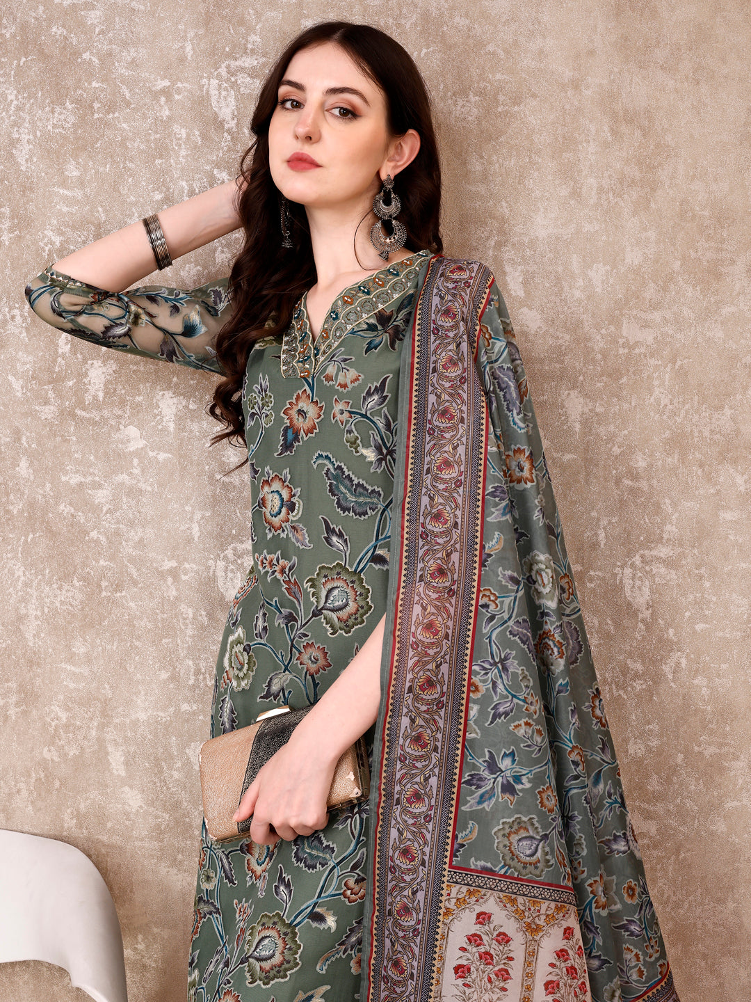 Hand Embroidered & Brasso Kurta With Pant & Organza Printed Dupatta, Green - Hiral Fashion