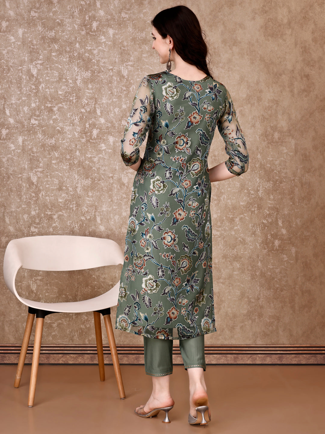 Hand Embroidered & Brasso Kurta With Pant & Organza Printed Dupatta, Green - Hiral Fashion