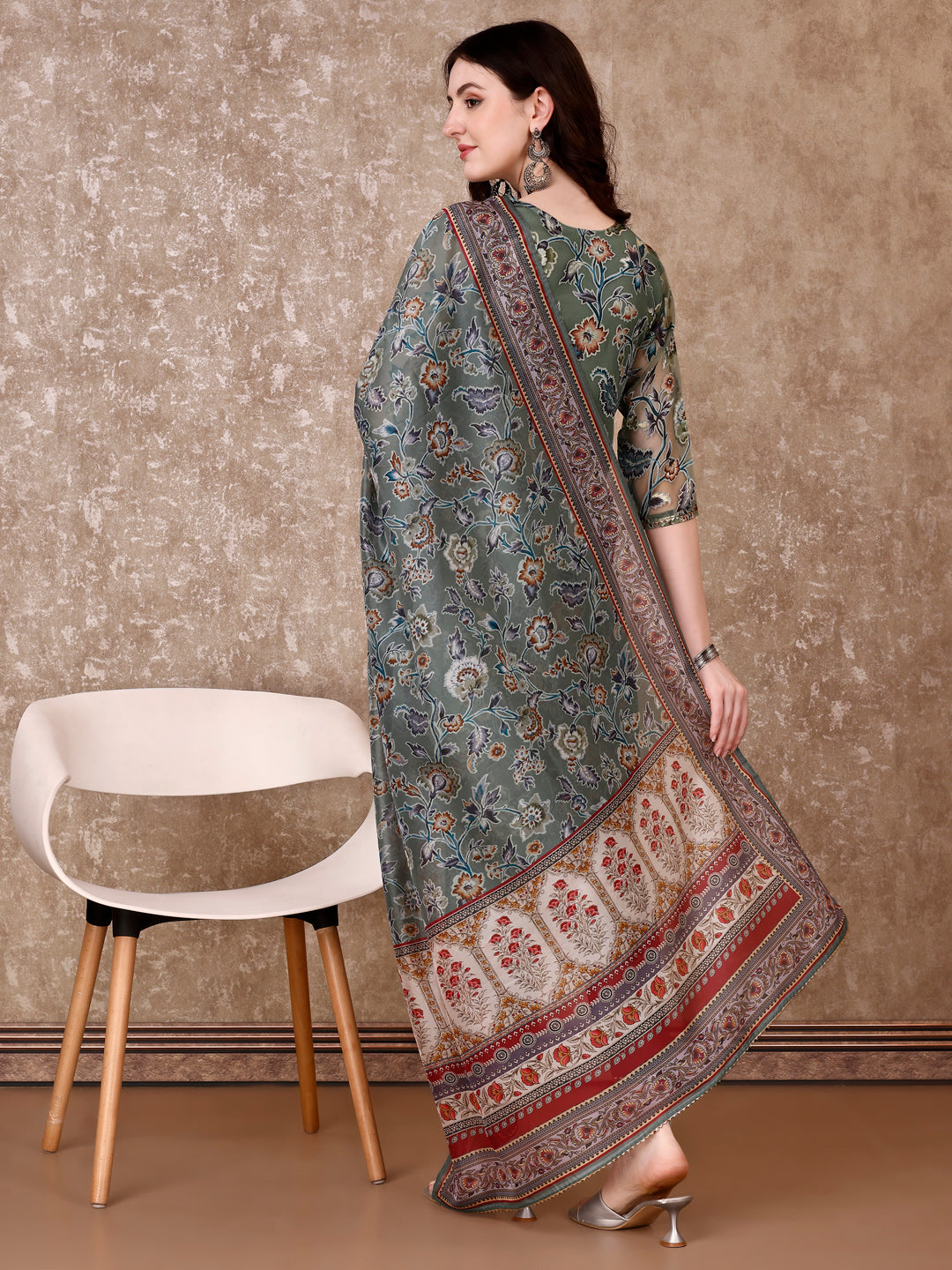 Hand Embroidered & Brasso Kurta With Pant & Organza Printed Dupatta, Green - Hiral Fashion