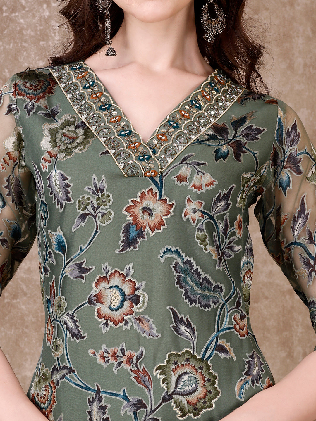 Hand Embroidered & Brasso Kurta With Pant & Organza Printed Dupatta, Green - Hiral Fashion