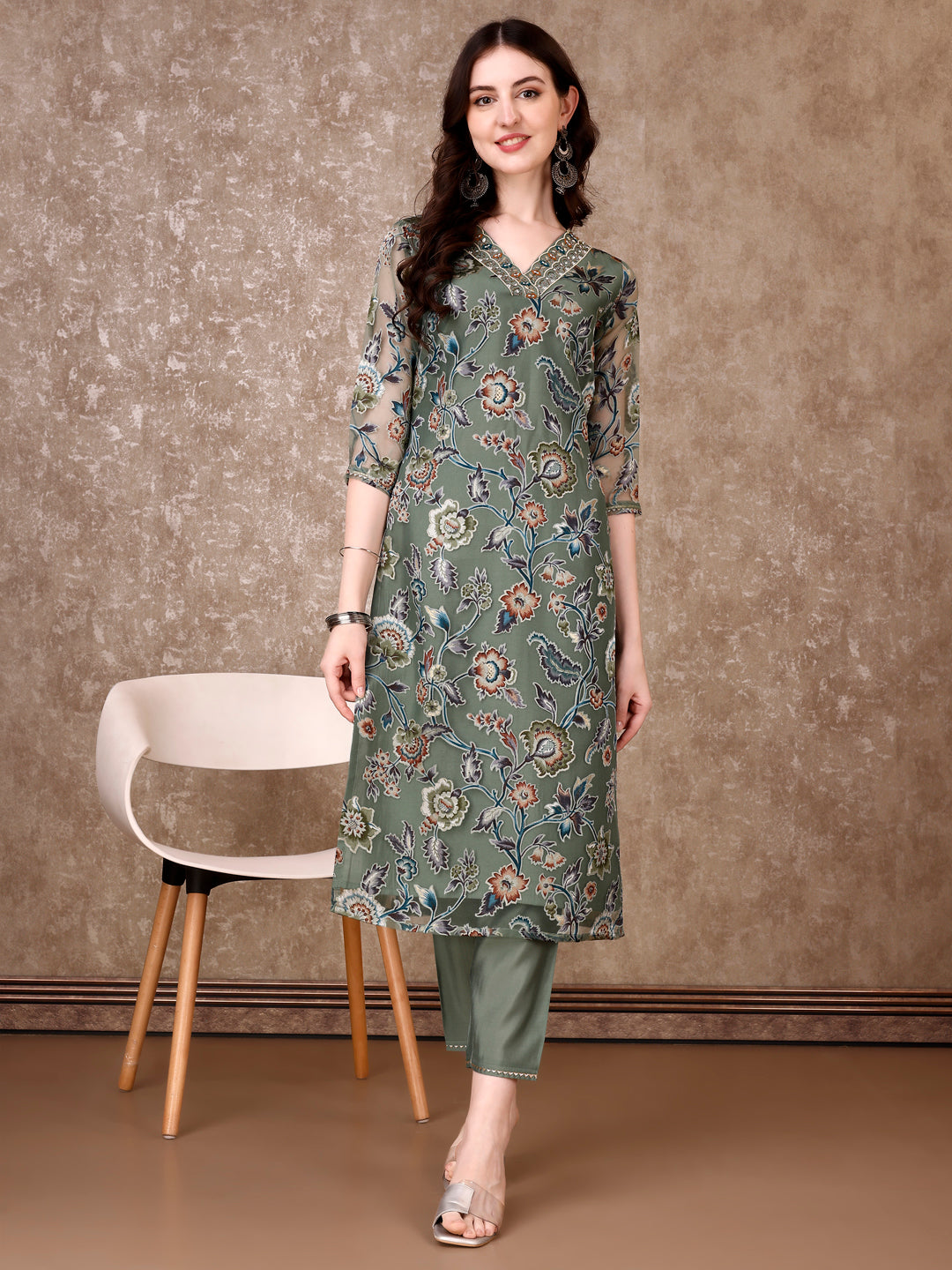 Hand Embroidered & Brasso Kurta With Pant & Organza Printed Dupatta, Green - Hiral Fashion