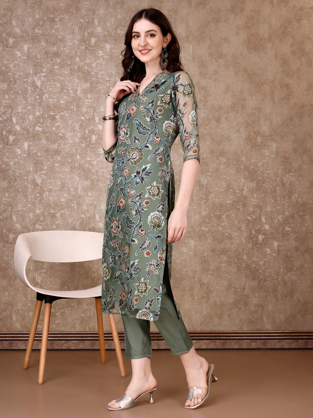 Hand Embroidered & Brasso Kurta With Pant & Organza Printed Dupatta, Green - Hiral Fashion