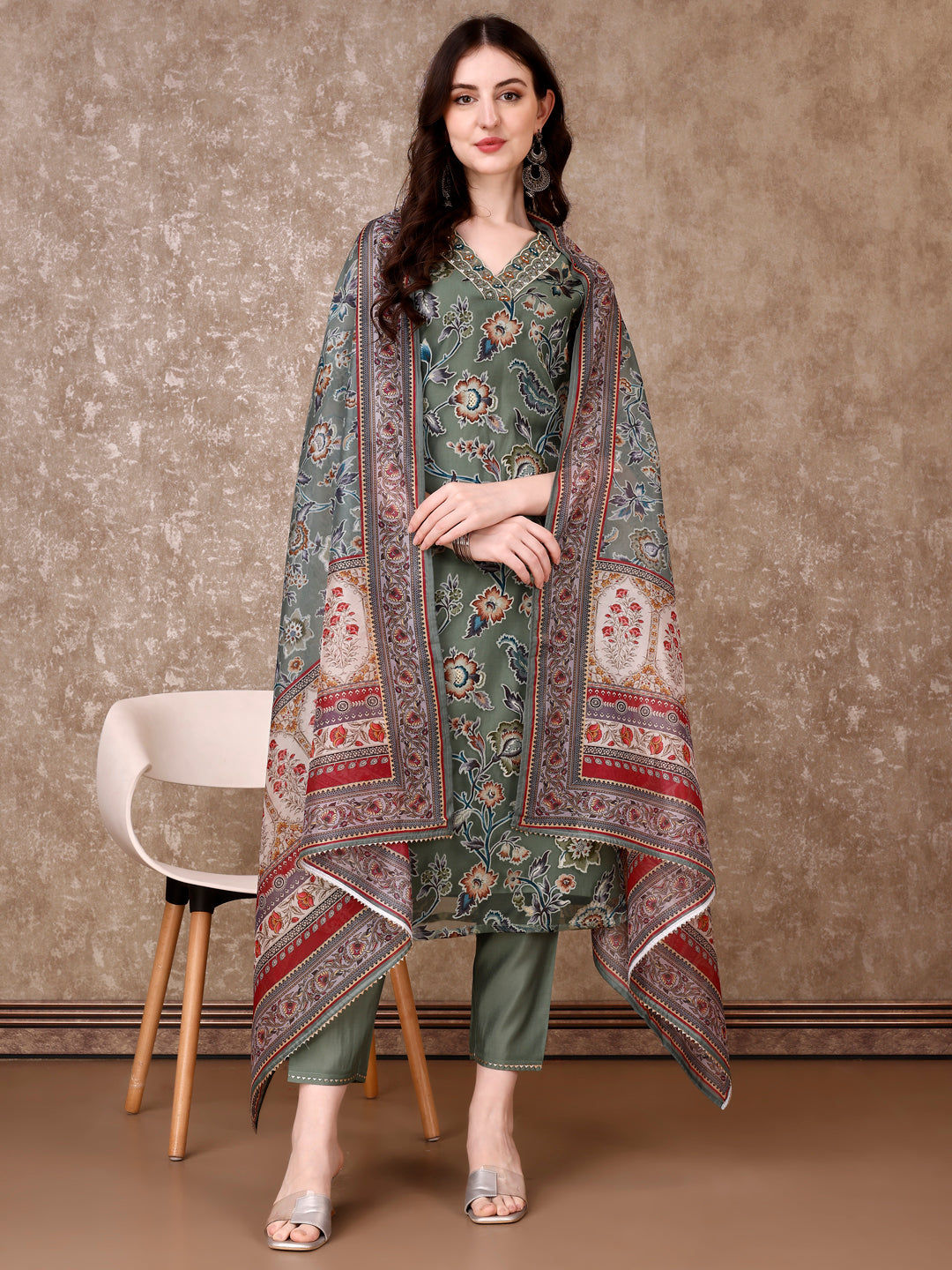 Hand Embroidered & Brasso Kurta With Pant & Organza Printed Dupatta, Green - Hiral Fashion