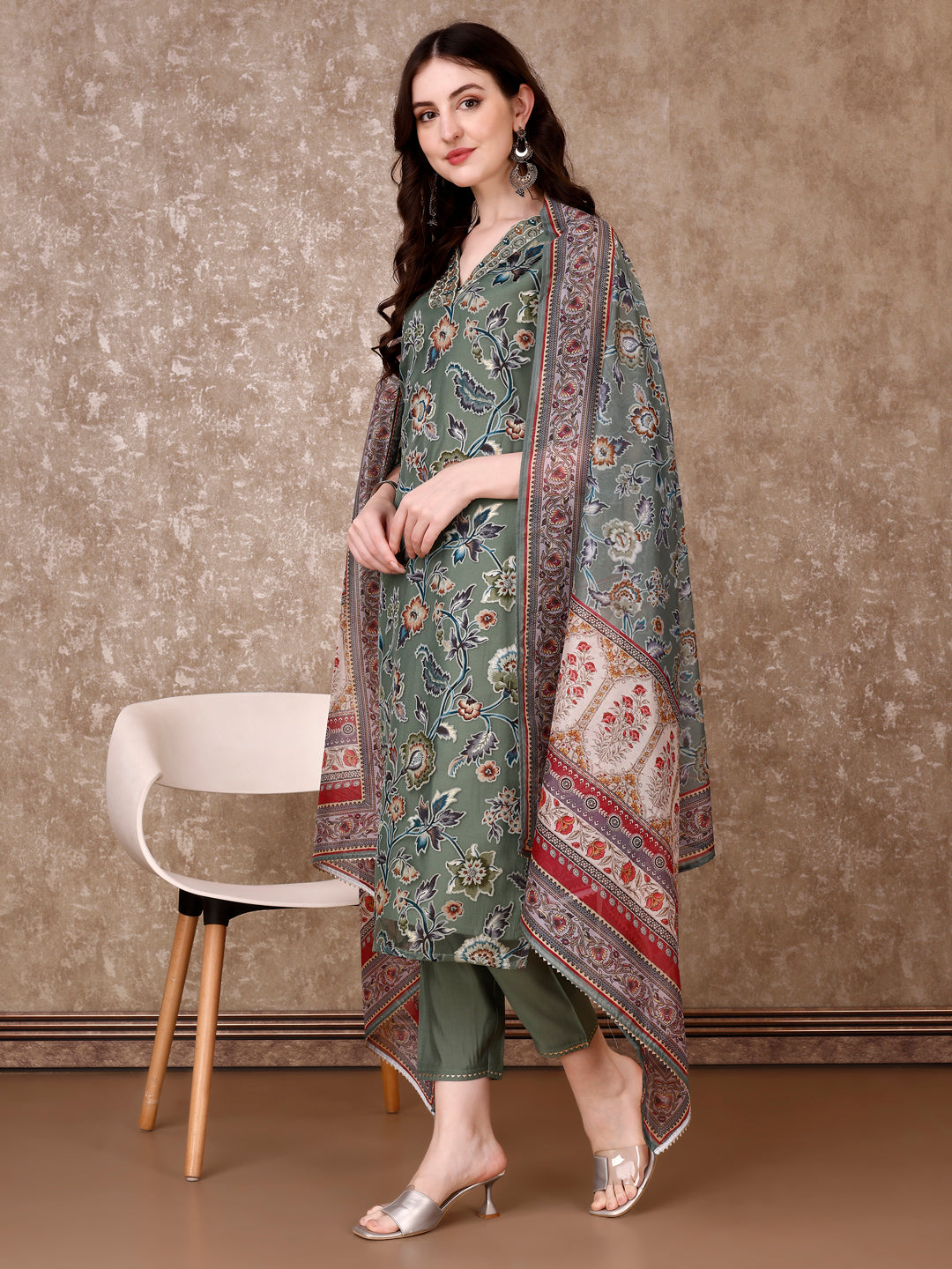 Hand Embroidered & Brasso Kurta With Pant & Organza Printed Dupatta, Green - Hiral Fashion