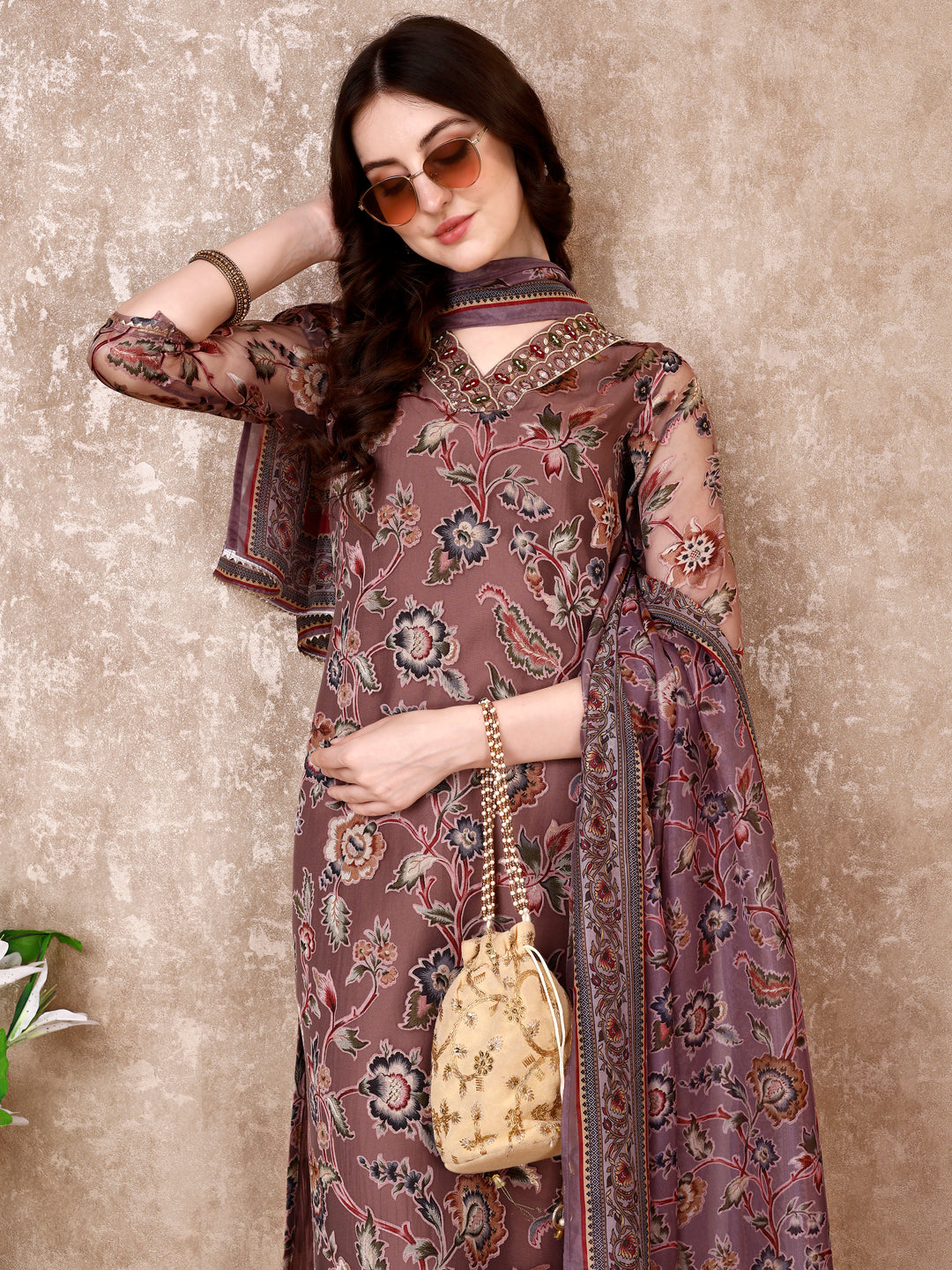 Hand Embroidered & Brasso Kurta With Pant & Organza Printed Dupatta, Purple - Hiral Fashion