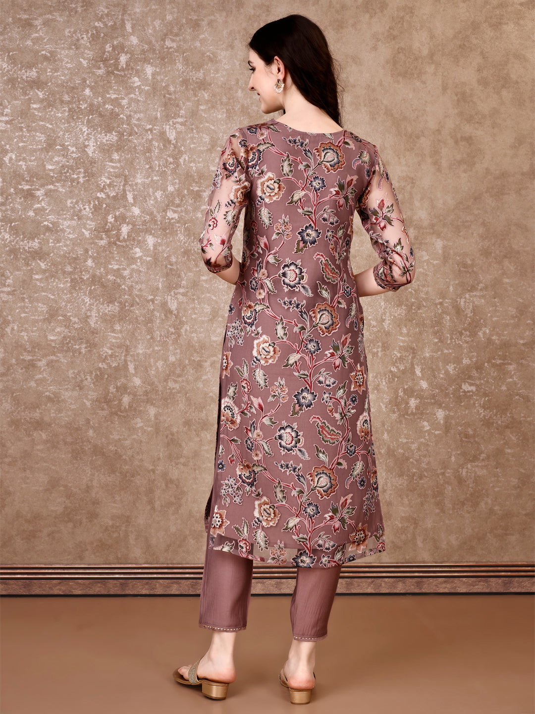 Hand Embroidered & Brasso Kurta With Pant & Organza Printed Dupatta, Purple - Hiral Fashion