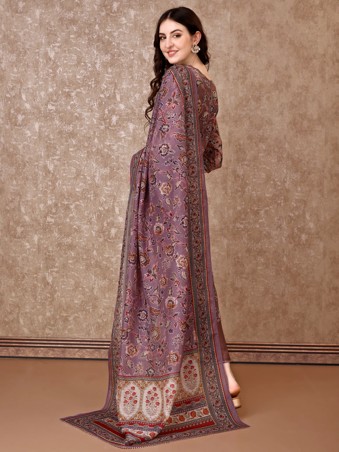 Hand Embroidered & Brasso Kurta With Pant & Organza Printed Dupatta, Purple - Hiral Fashion