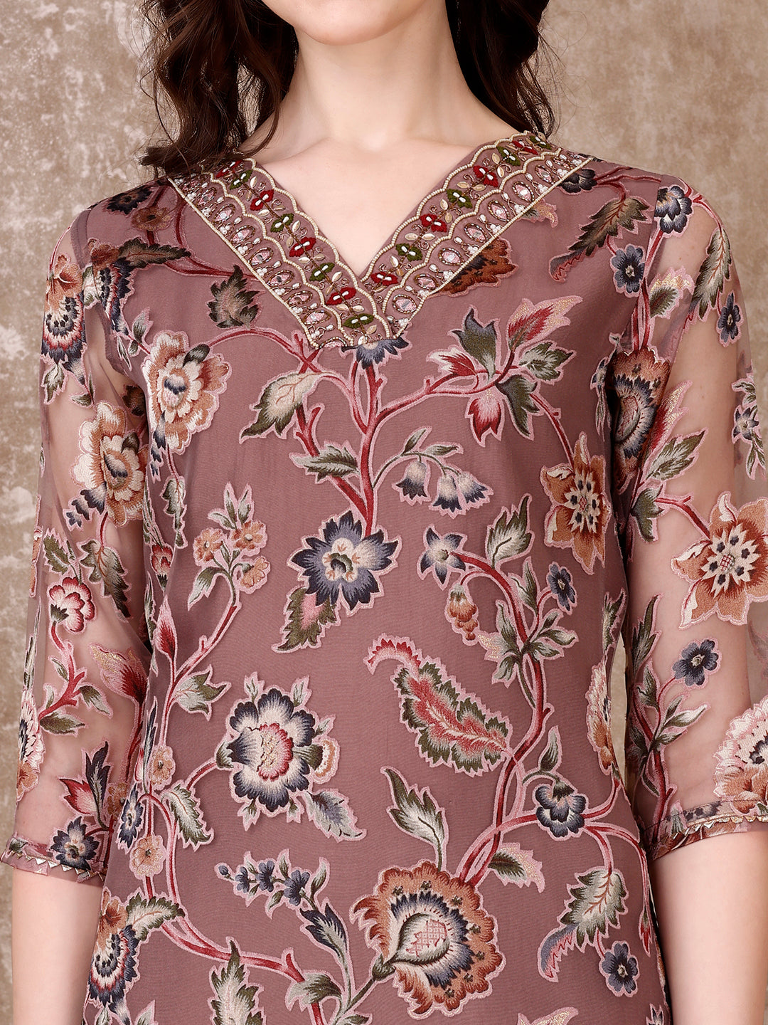Hand Embroidered & Brasso Kurta With Pant & Organza Printed Dupatta, Purple - Hiral Fashion
