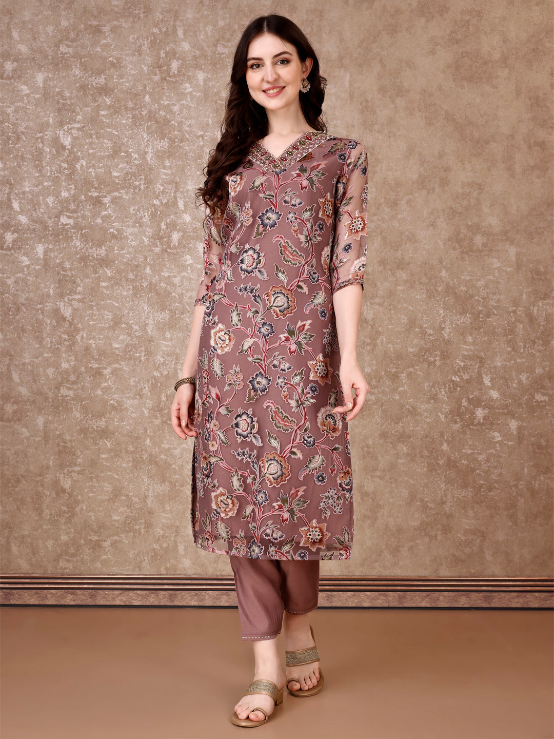 Hand Embroidered & Brasso Kurta With Pant & Organza Printed Dupatta, Purple - Hiral Fashion