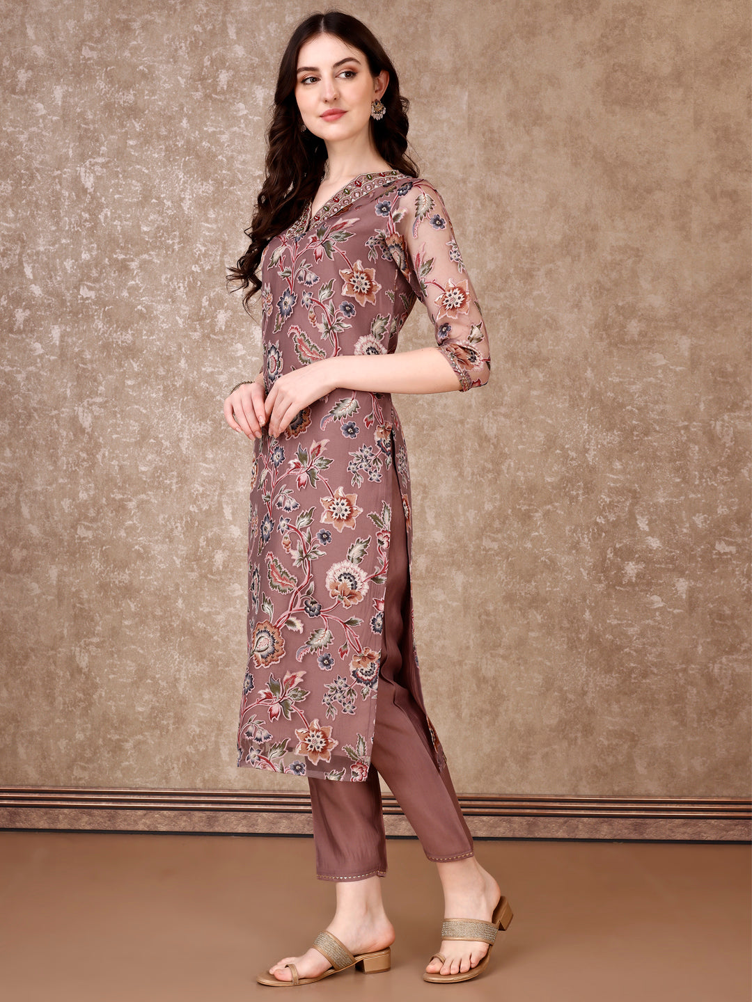 Hand Embroidered & Brasso Kurta With Pant & Organza Printed Dupatta, Purple - Hiral Fashion