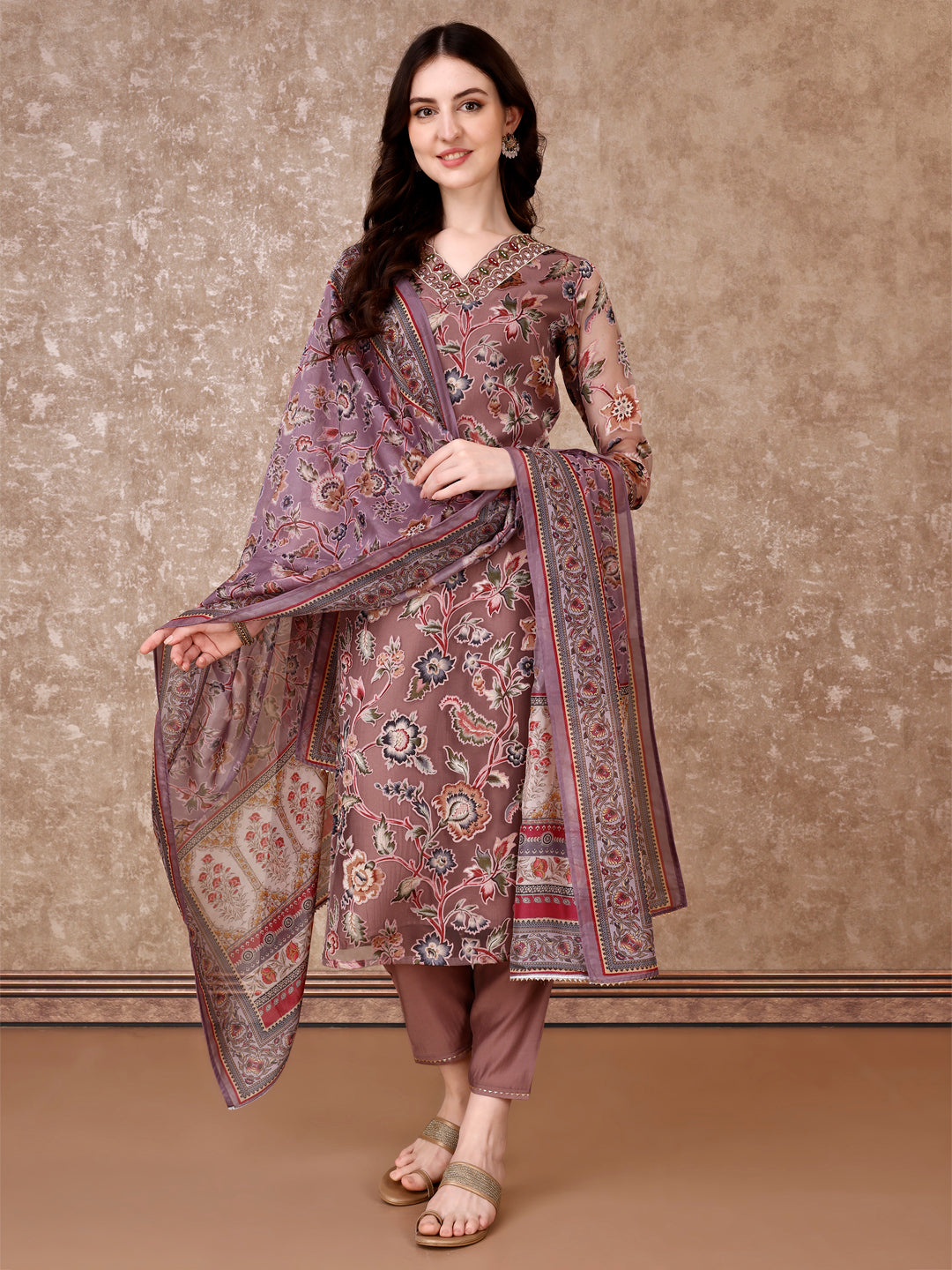 Hand Embroidered & Brasso Kurta With Pant & Organza Printed Dupatta, Purple - Hiral Fashion