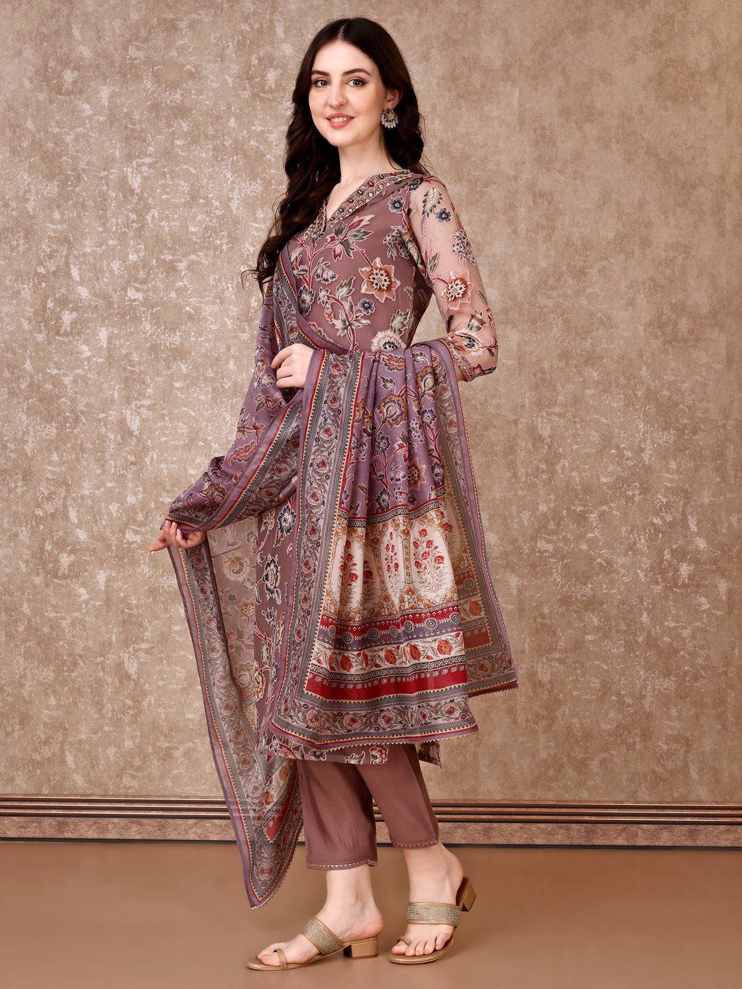 Hand Embroidered & Brasso Kurta With Pant & Organza Printed Dupatta, Purple - Hiral Fashion