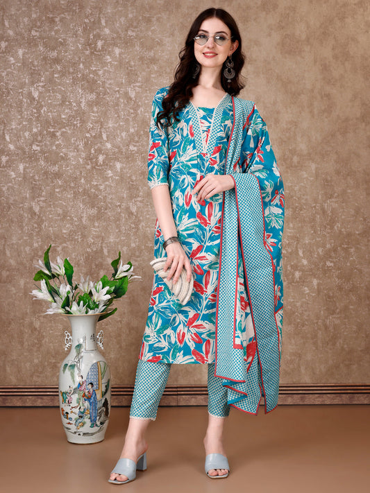 Floral Printed Cotton Kurta With Pant & Dupatta, Blue - Hiral Fashion