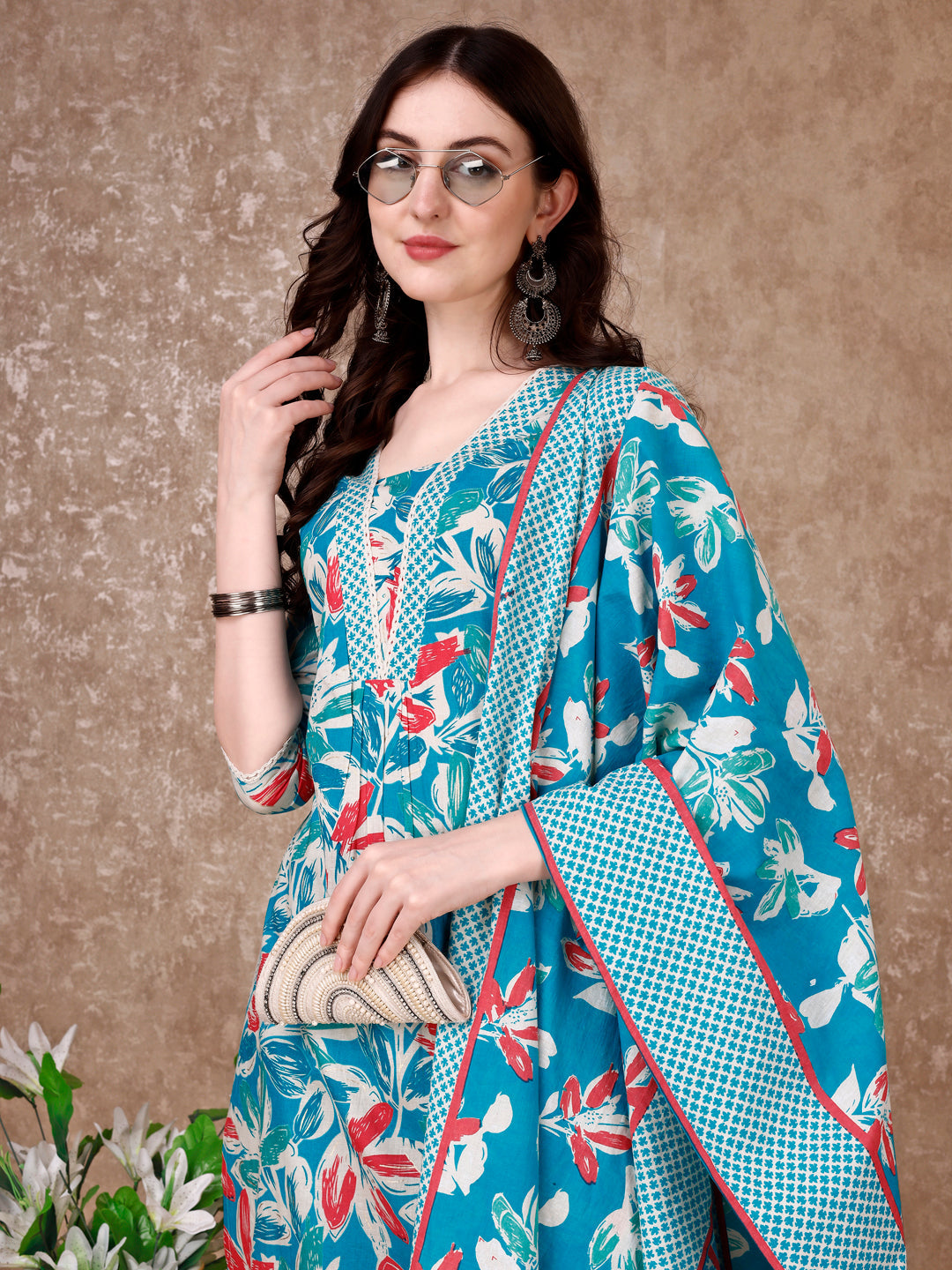 Floral Printed Cotton Kurta With Pant & Dupatta, Blue - Hiral Fashion