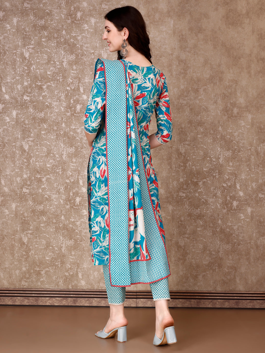 Floral Printed Cotton Kurta With Pant & Dupatta, Blue - Hiral Fashion