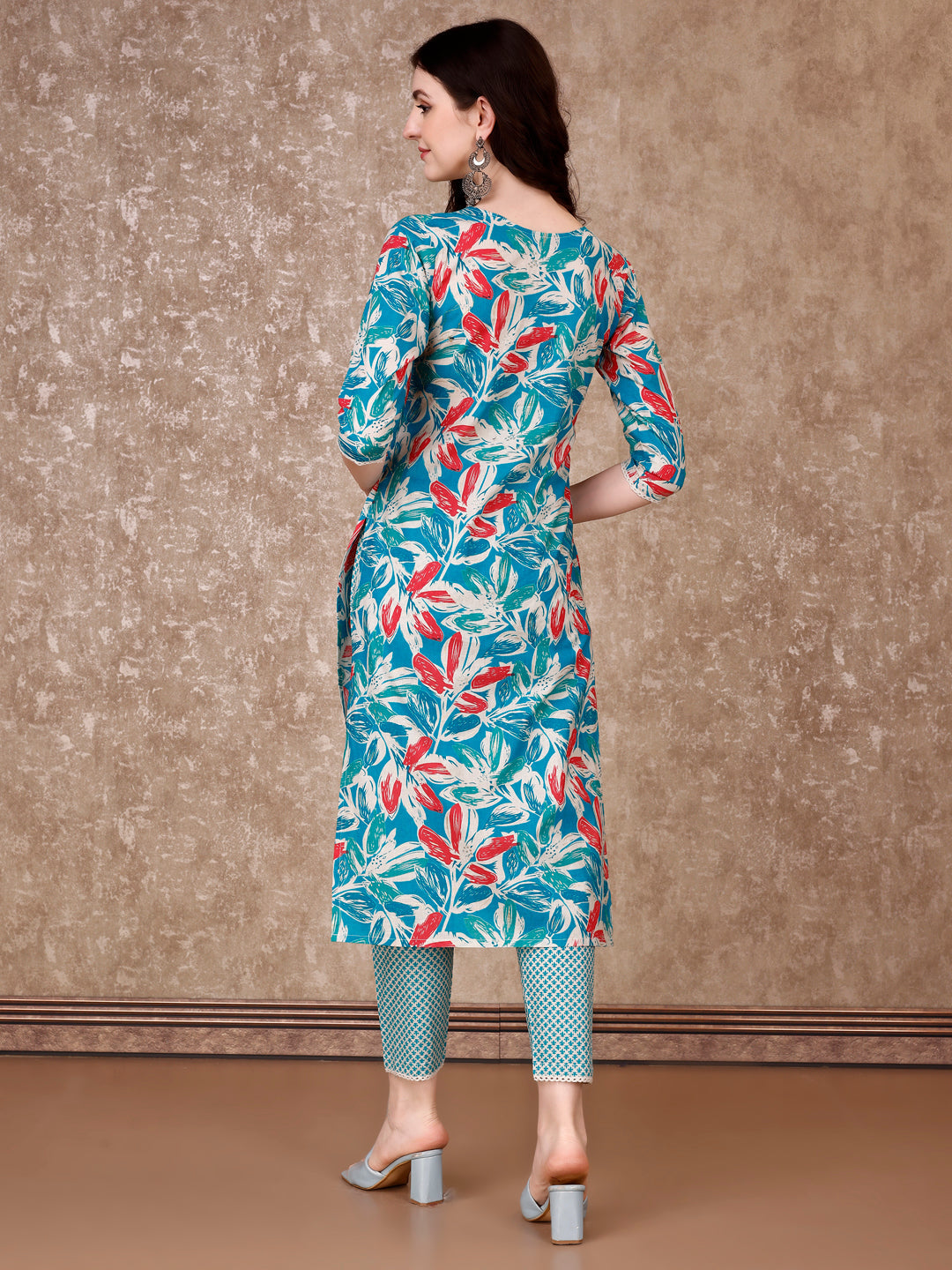Floral Printed Cotton Kurta With Pant & Dupatta, Blue - Hiral Fashion