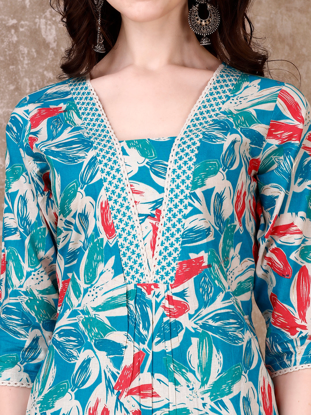 Floral Printed Cotton Kurta With Pant & Dupatta, Blue - Hiral Fashion