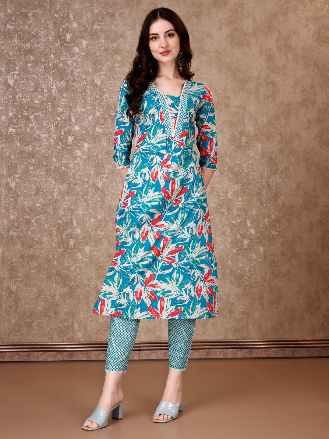 Floral Printed Cotton Kurta With Pant & Dupatta, Blue - Hiral Fashion