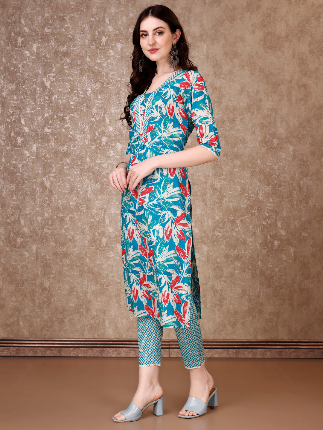 Floral Printed Cotton Kurta With Pant & Dupatta, Blue - Hiral Fashion
