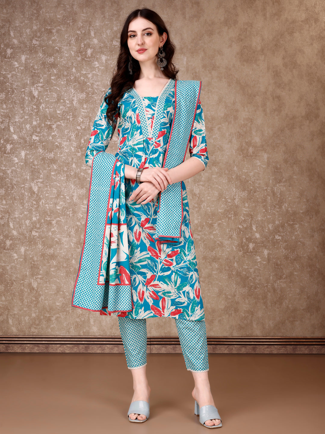 Floral Printed Cotton Kurta With Pant & Dupatta, Blue - Hiral Fashion