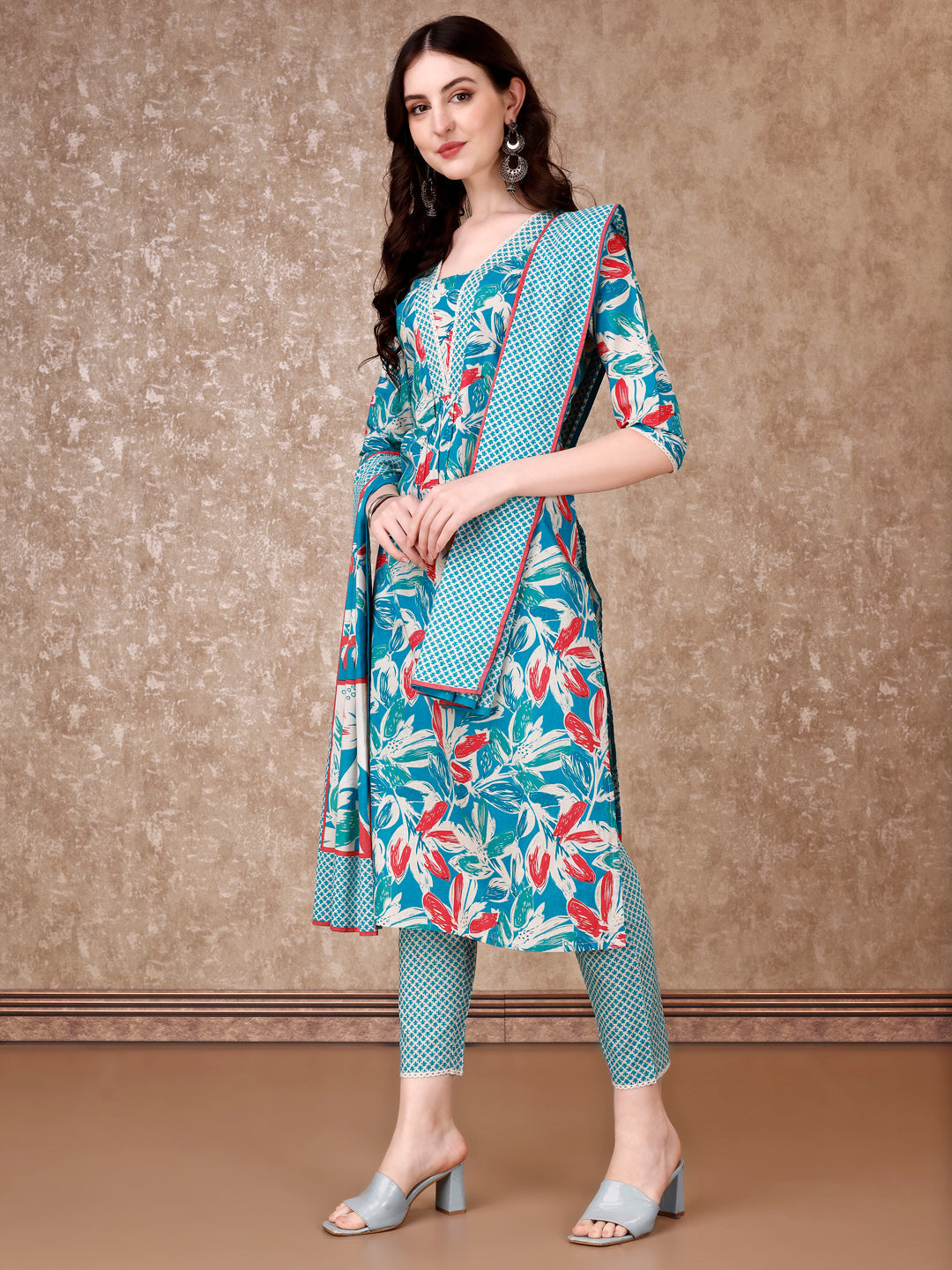 Floral Printed Cotton Kurta With Pant & Dupatta, Blue - Hiral Fashion
