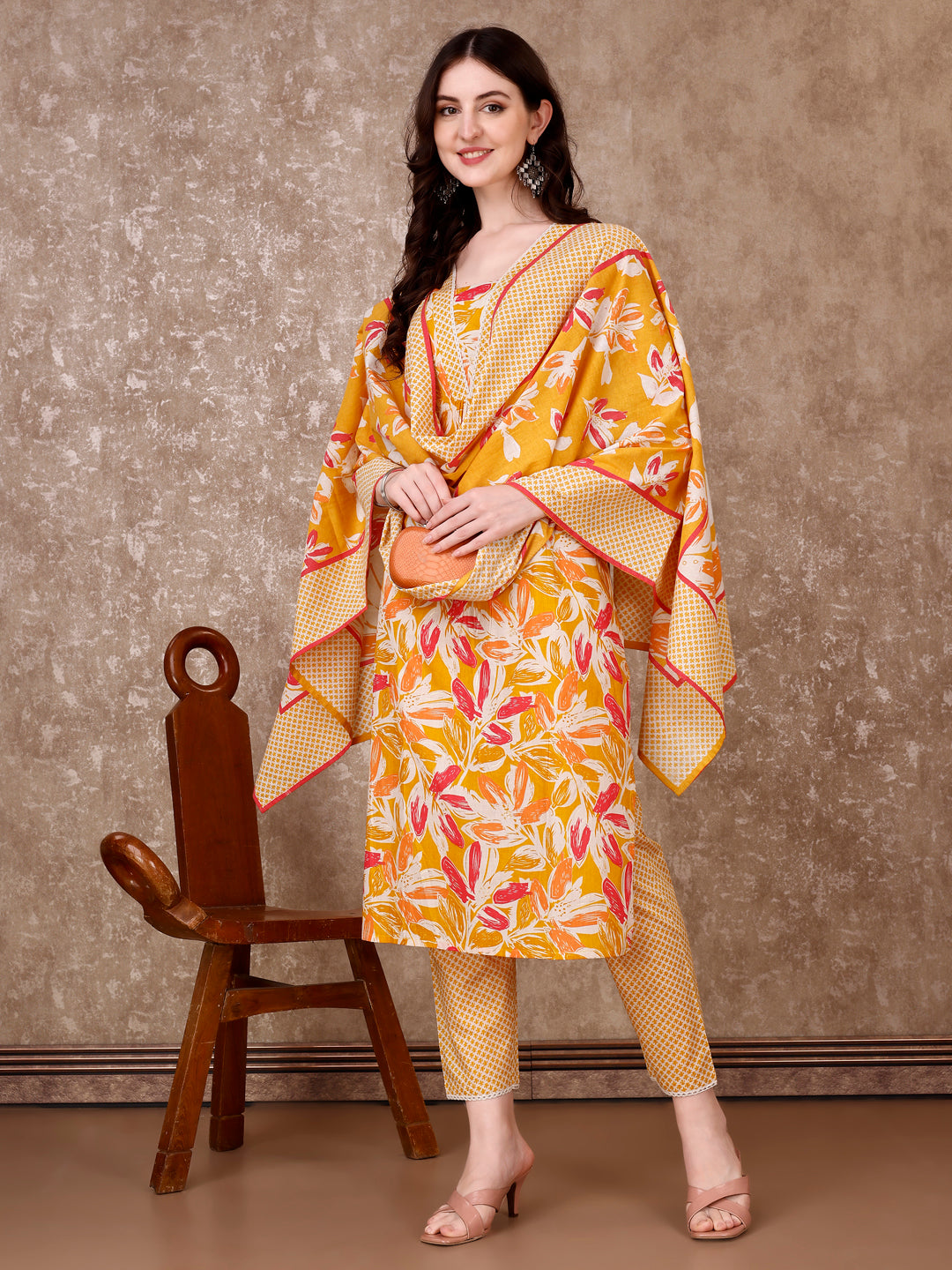 Floral Printed Cotton Kurta With Pant & Dupatta, Yellow - Hiral Fashion