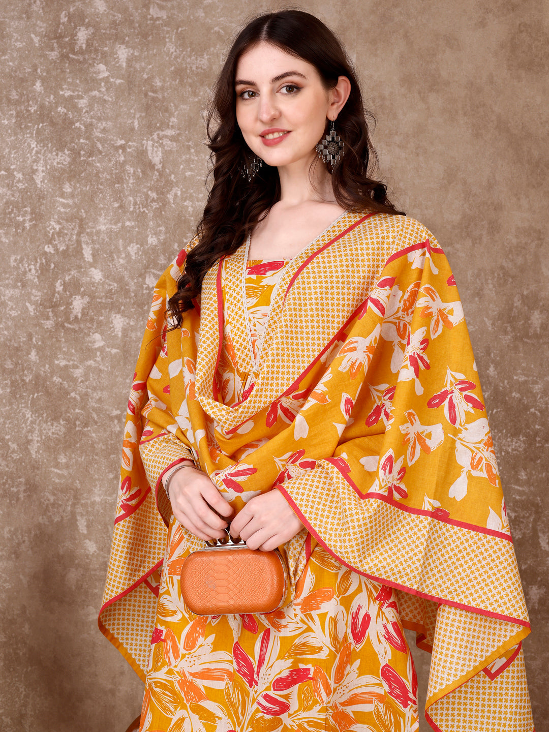 Floral Printed Cotton Kurta With Pant & Dupatta, Yellow - Hiral Fashion