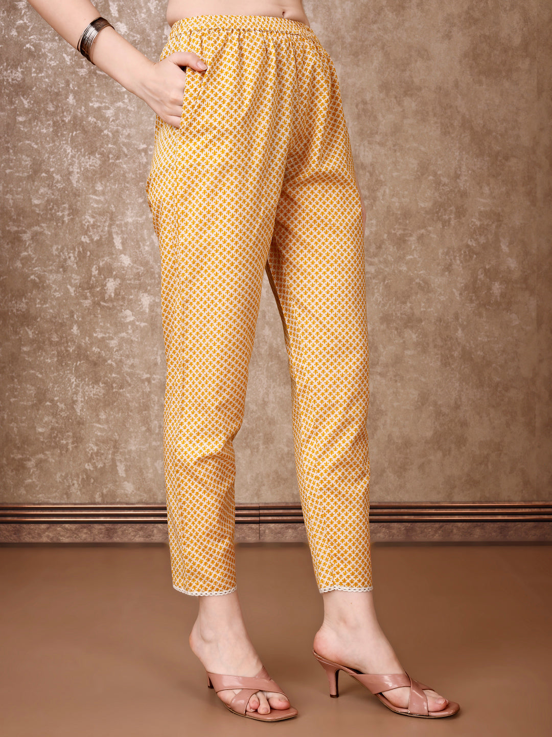 Floral Printed Cotton Kurta With Pant & Dupatta, Yellow - Hiral Fashion