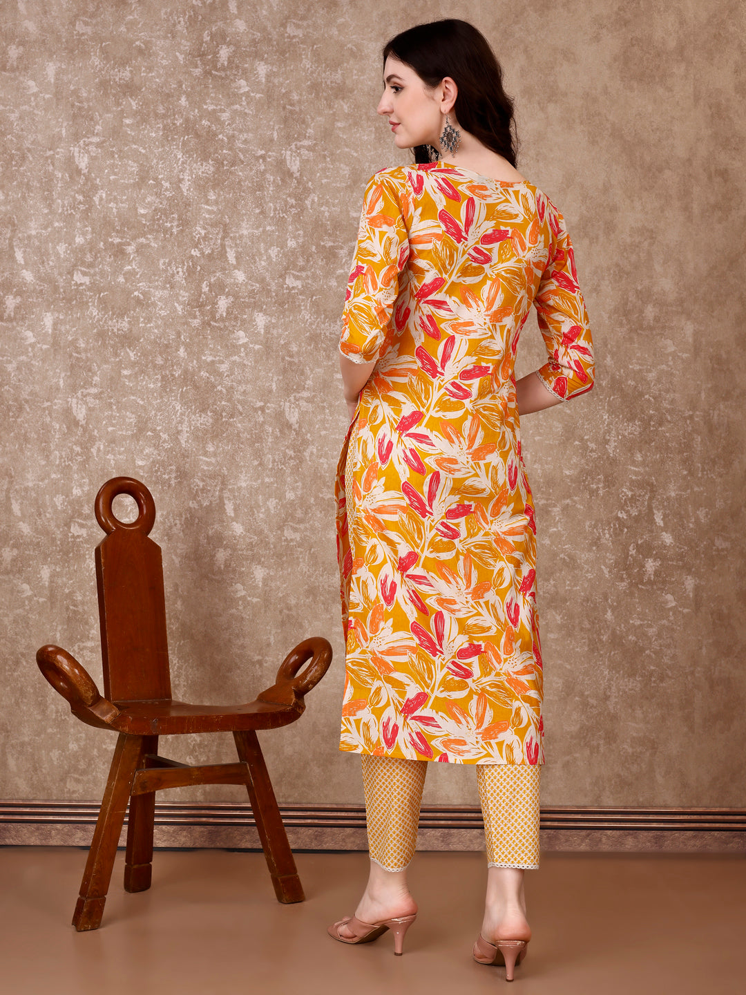 Floral Printed Cotton Kurta With Pant & Dupatta, Yellow - Hiral Fashion