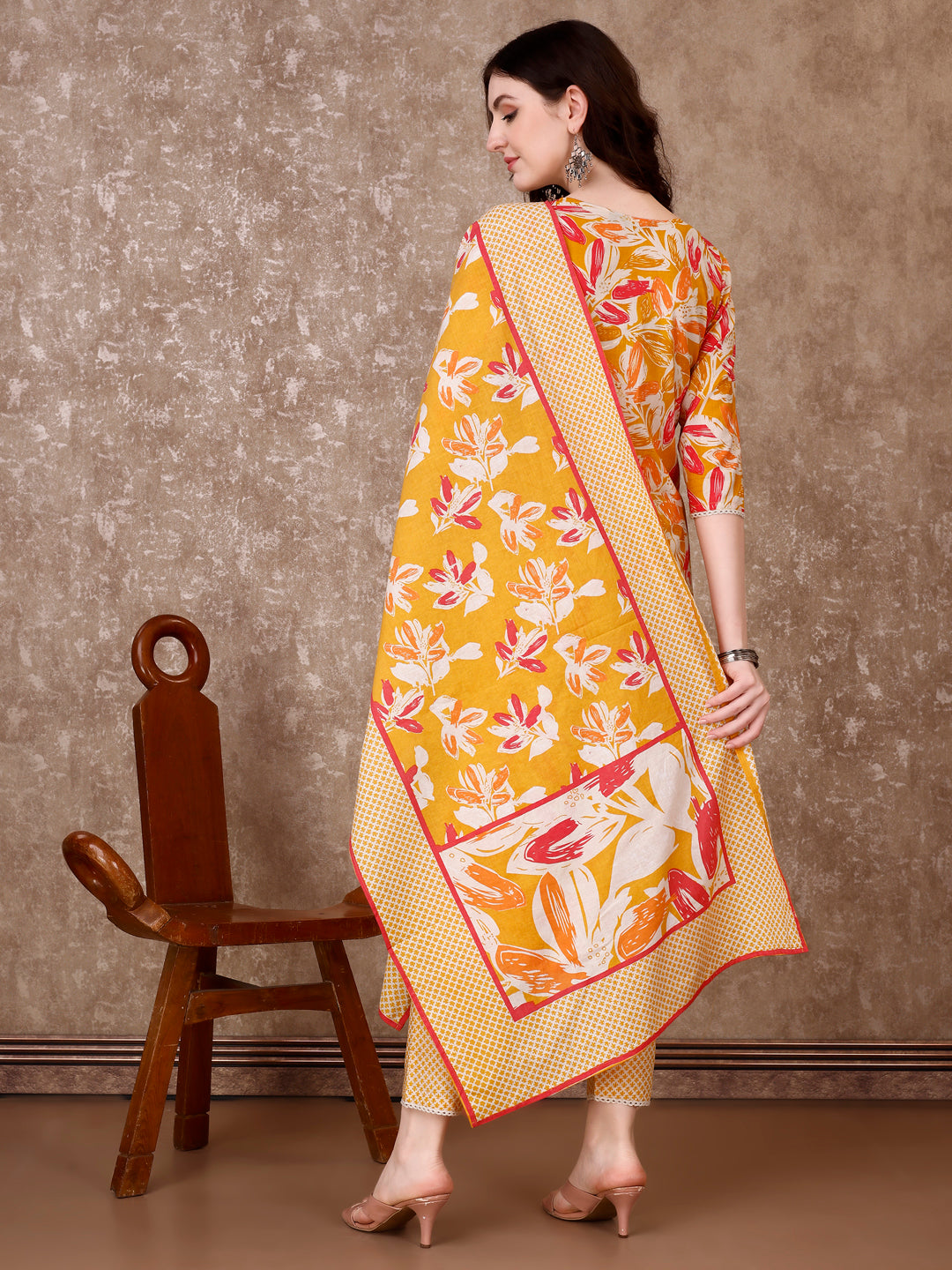 Floral Printed Cotton Kurta With Pant & Dupatta, Yellow - Hiral Fashion