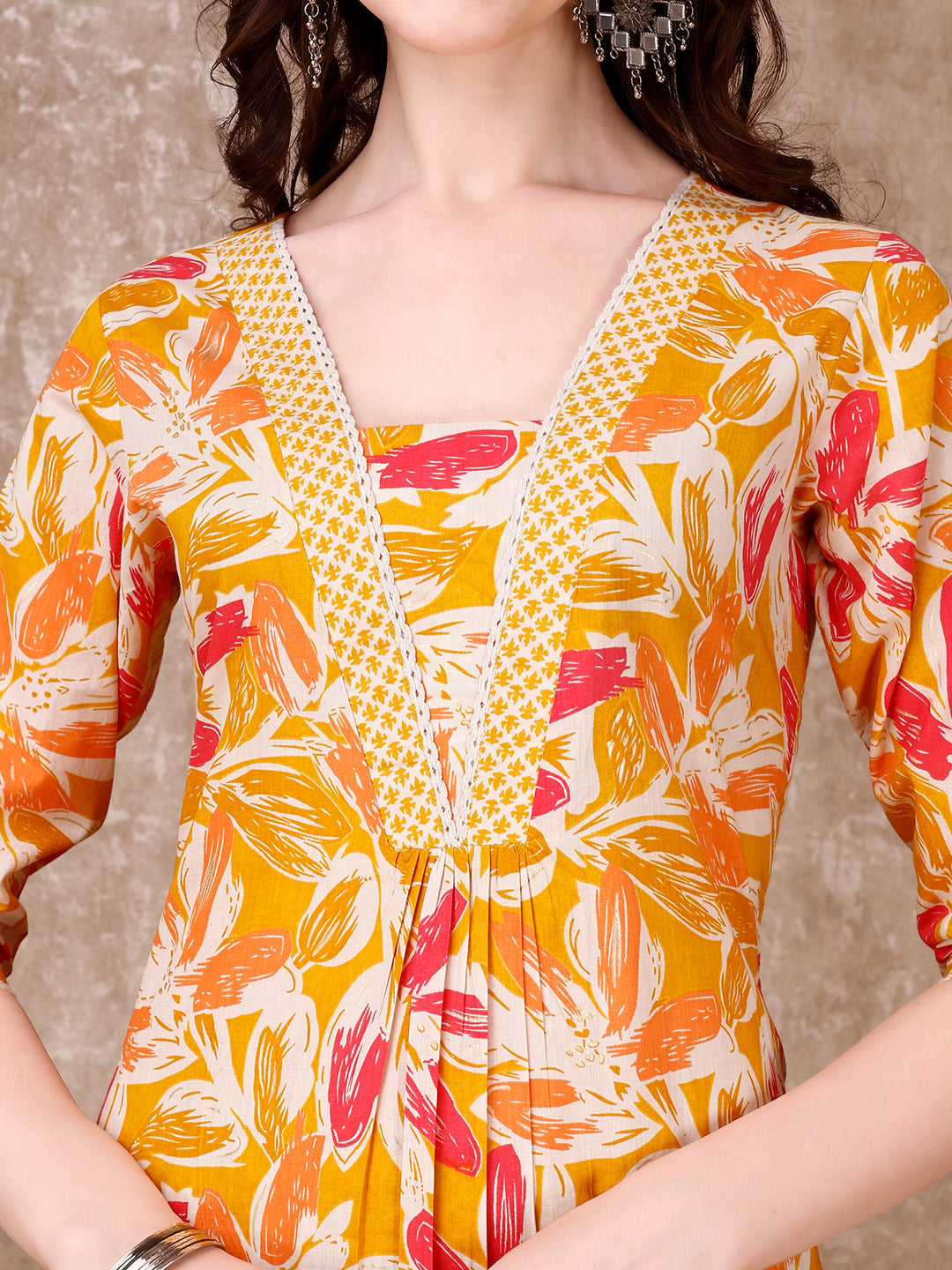 Floral Printed Cotton Kurta With Pant & Dupatta, Yellow - Hiral Fashion