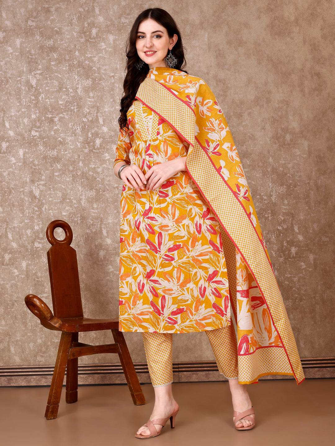 Floral Printed Cotton Kurta With Pant & Dupatta, Yellow - Hiral Fashion