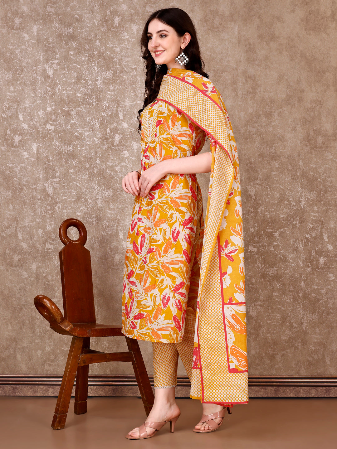Floral Printed Cotton Kurta With Pant & Dupatta, Yellow - Hiral Fashion