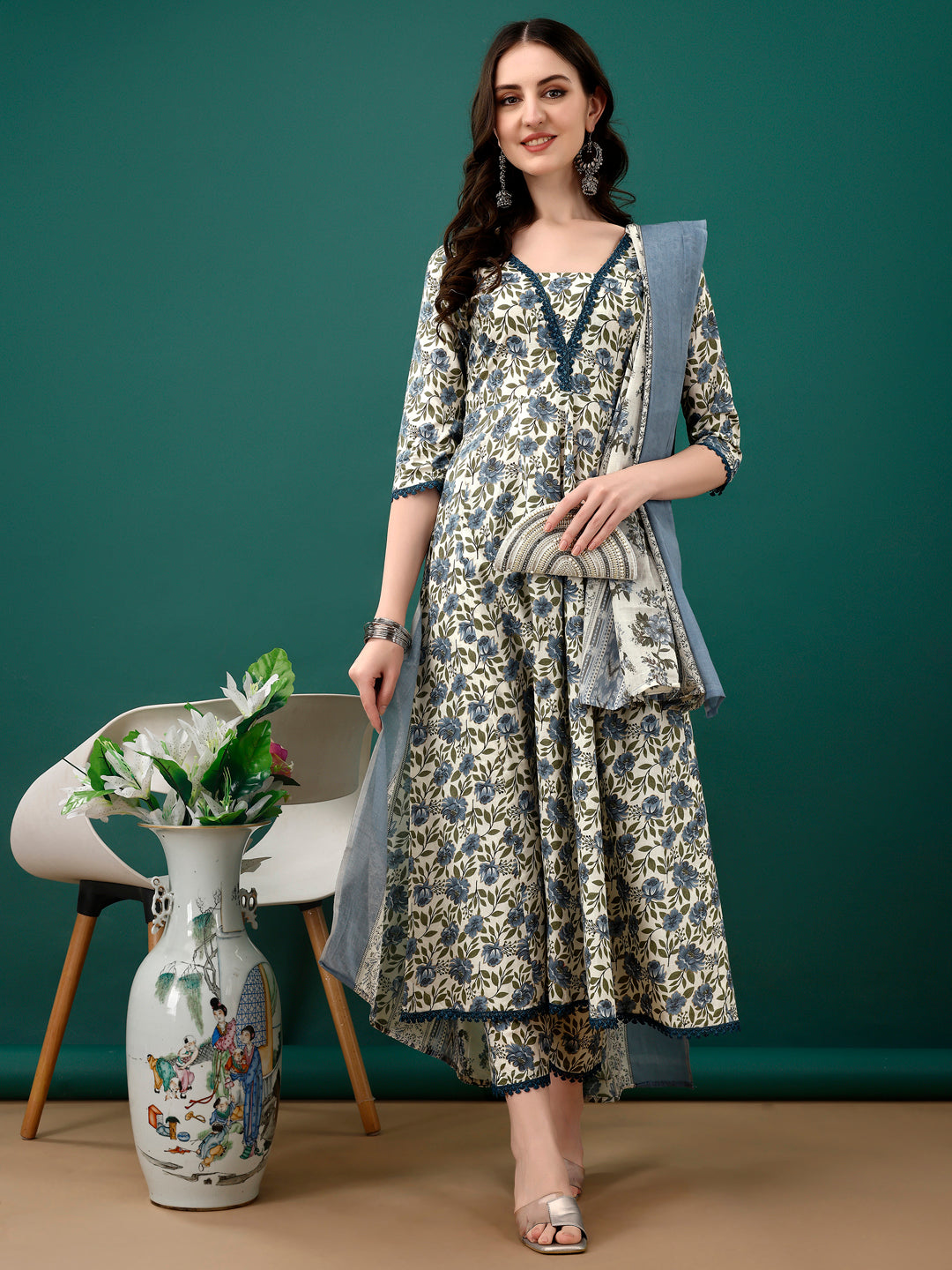 Floral Printed Anarkali Kurta With Pant & Dupatta Luxury Premium, Navy Blue - Hiral Fashion