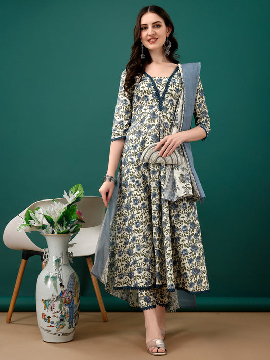 Floral Printed Anarkali Kurta With Pant & Dupatta Luxury Premium, Navy Blue - Hiral Fashion