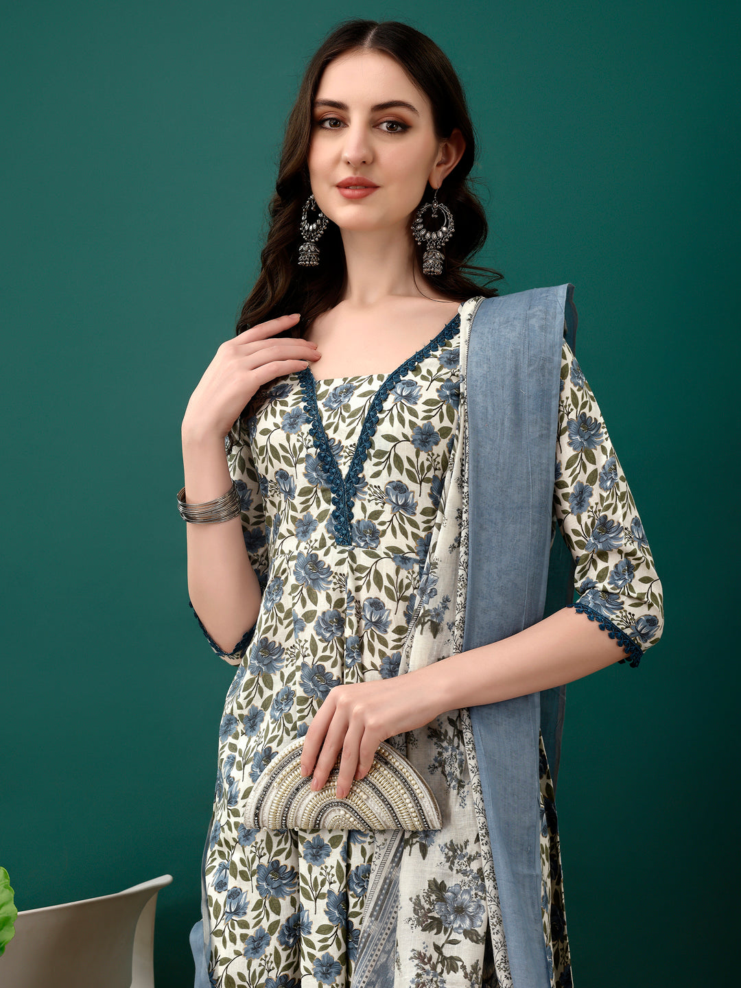 Floral Printed Anarkali Kurta With Pant & Dupatta Luxury Premium, Navy Blue - Hiral Fashion