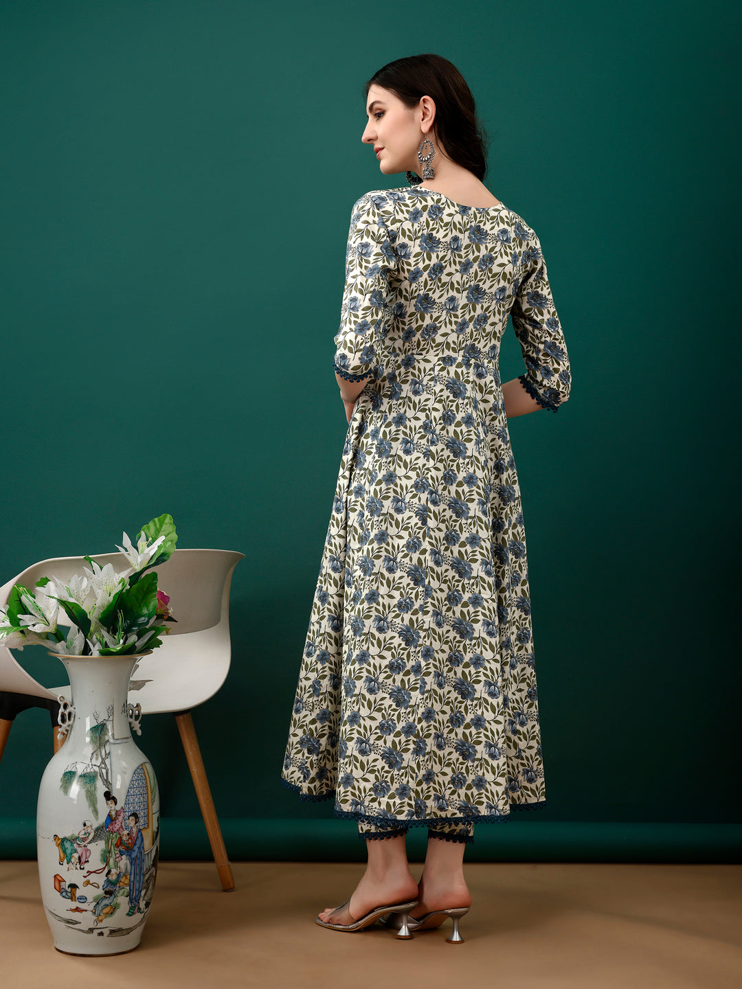 Floral Printed Anarkali Kurta With Pant & Dupatta Luxury Premium, Navy Blue - Hiral Fashion