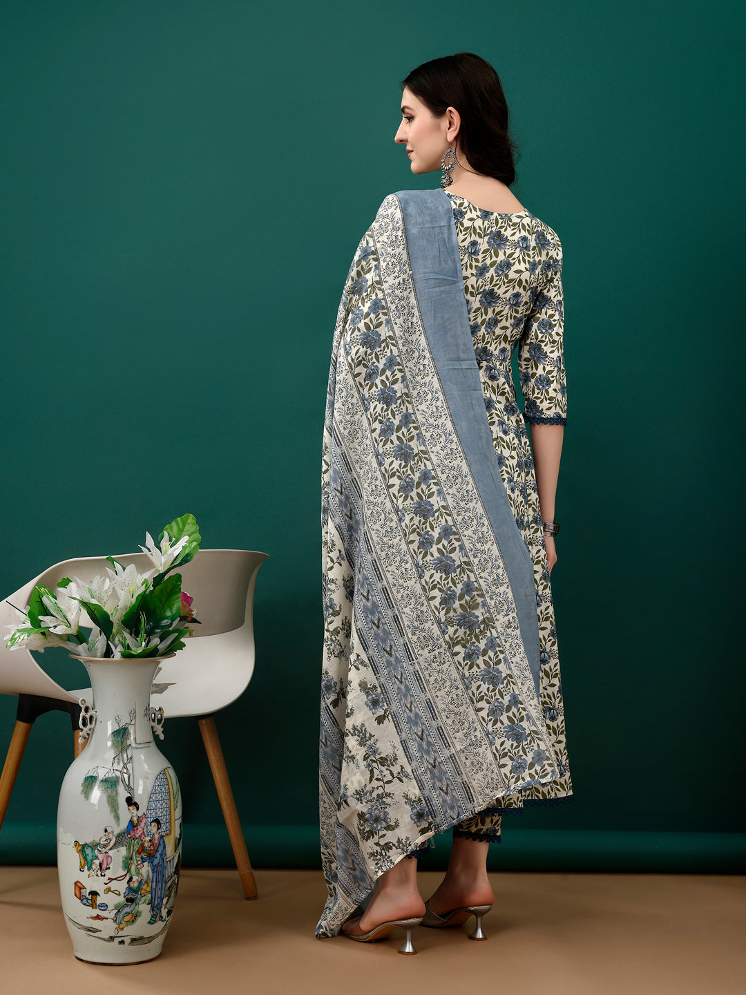 Floral Printed Anarkali Kurta With Pant & Dupatta Luxury Premium, Navy Blue - Hiral Fashion