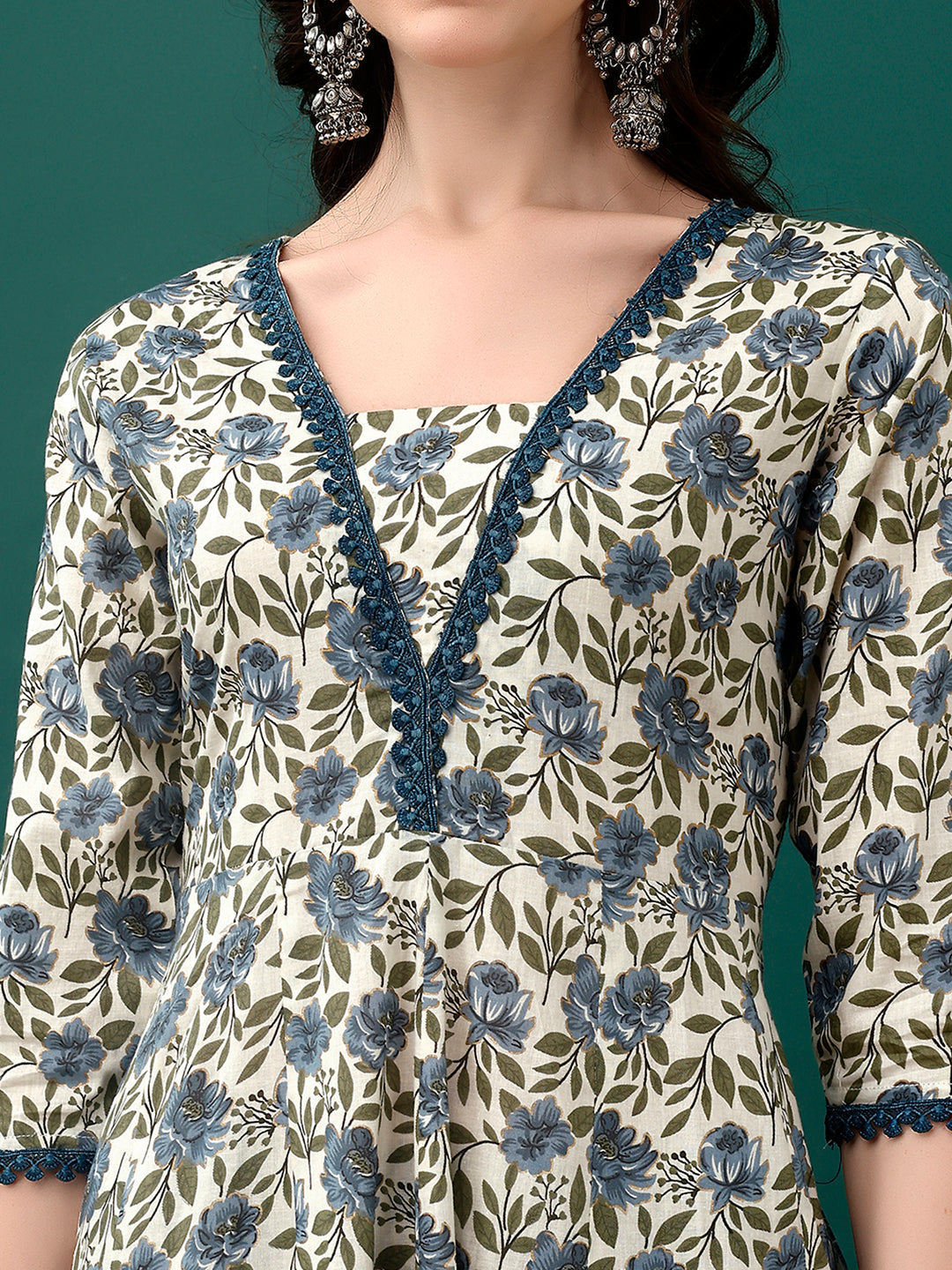 Floral Printed Anarkali Kurta With Pant & Dupatta Luxury Premium, Navy Blue - Hiral Fashion