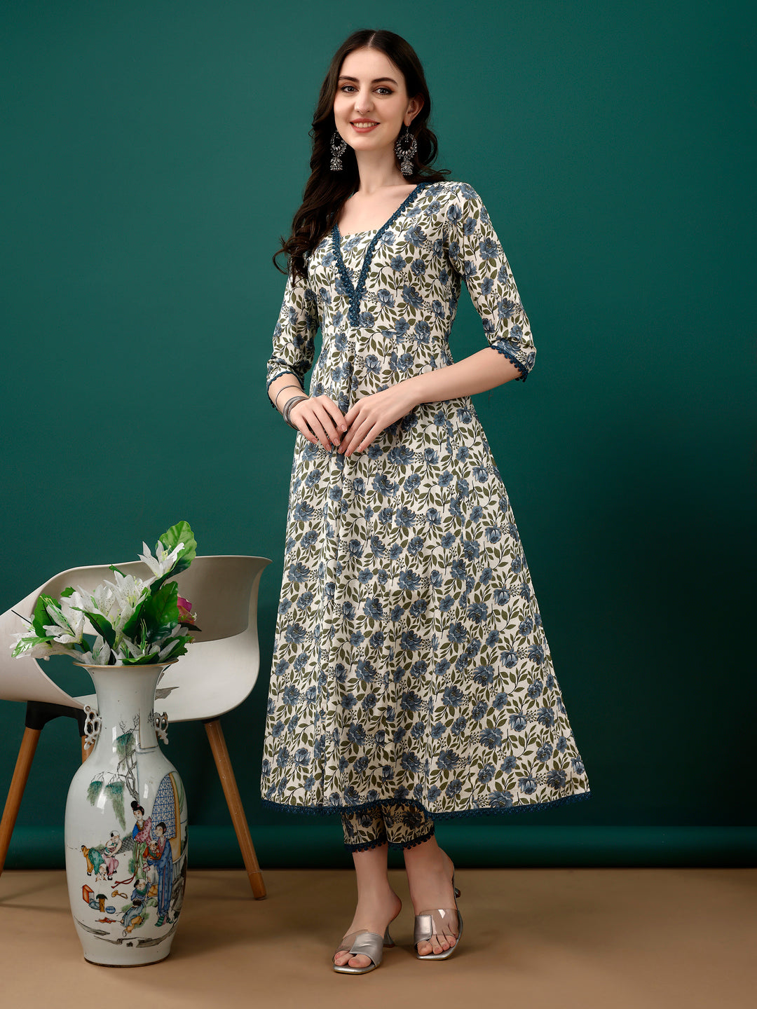 Floral Printed Anarkali Kurta With Pant & Dupatta Luxury Premium, Navy Blue - Hiral Fashion