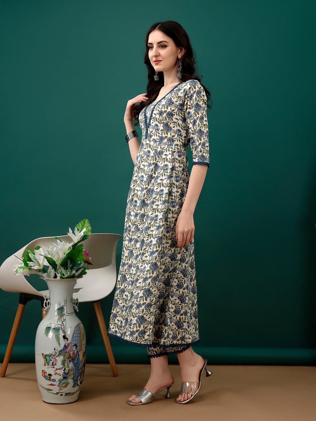 Floral Printed Anarkali Kurta With Pant & Dupatta Luxury Premium, Navy Blue - Hiral Fashion