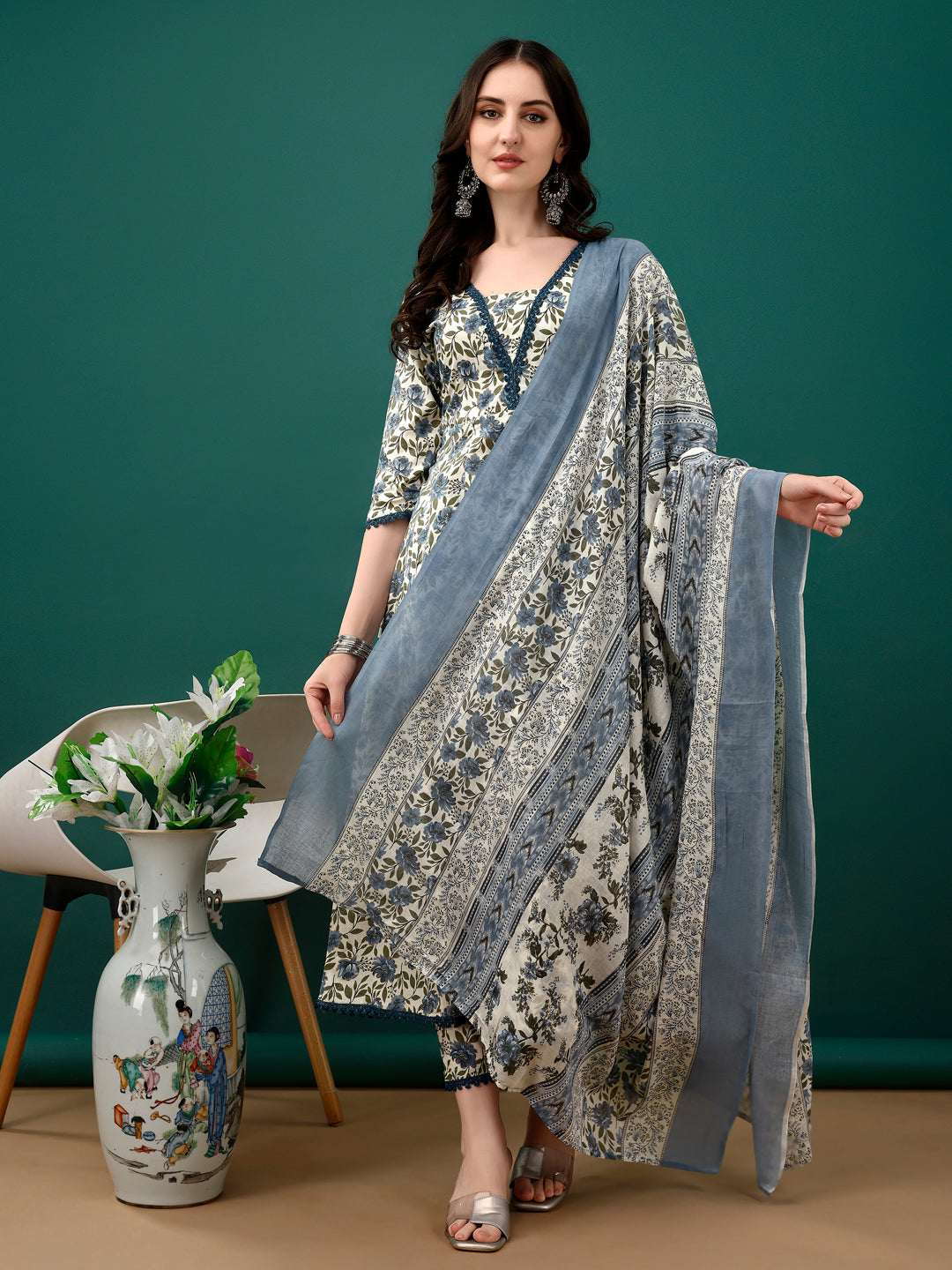 Floral Printed Anarkali Kurta With Pant & Dupatta Luxury Premium, Navy Blue - Hiral Fashion